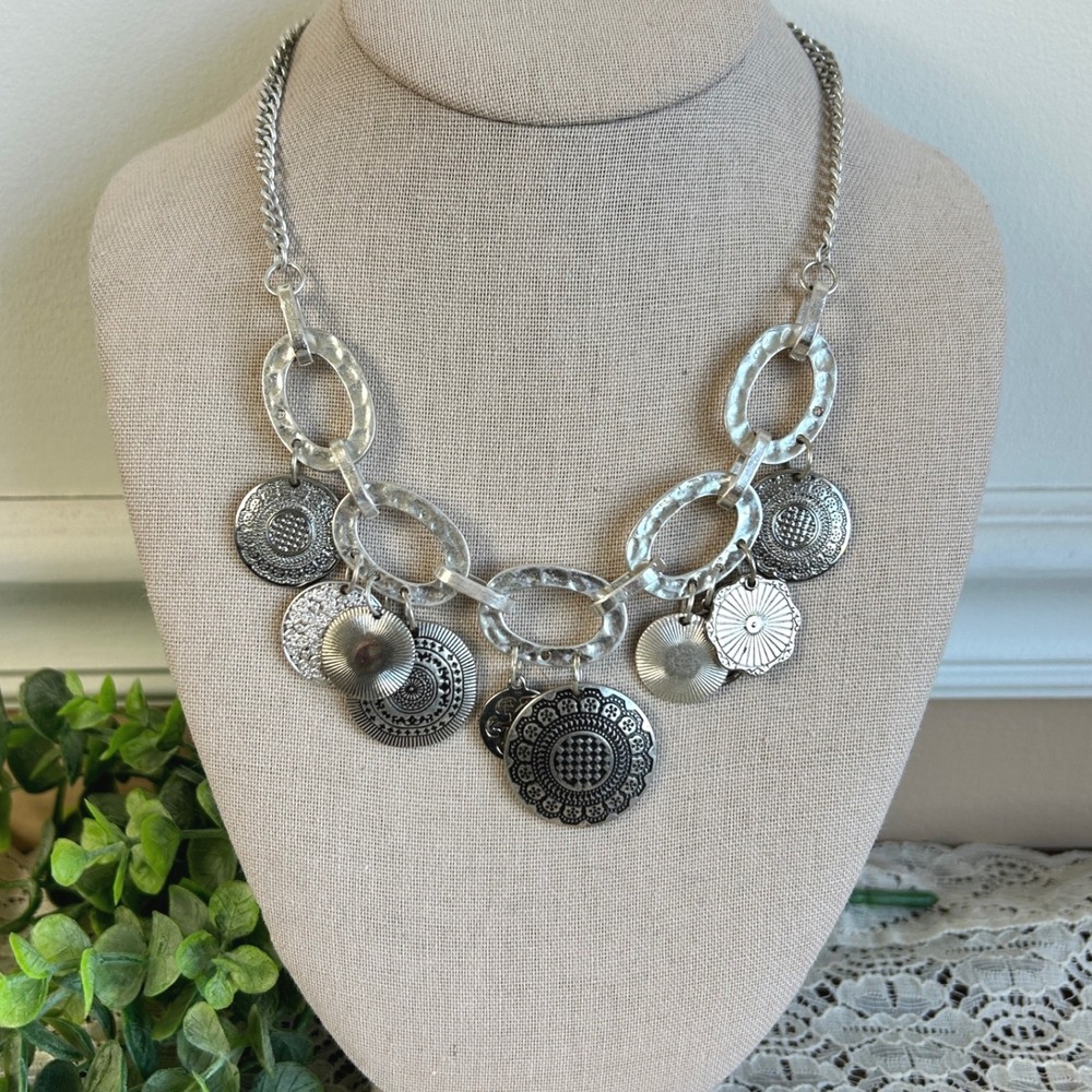RJ Graziano Silver Tone Hammered Link Coin Charm Statement Necklace Bohemian